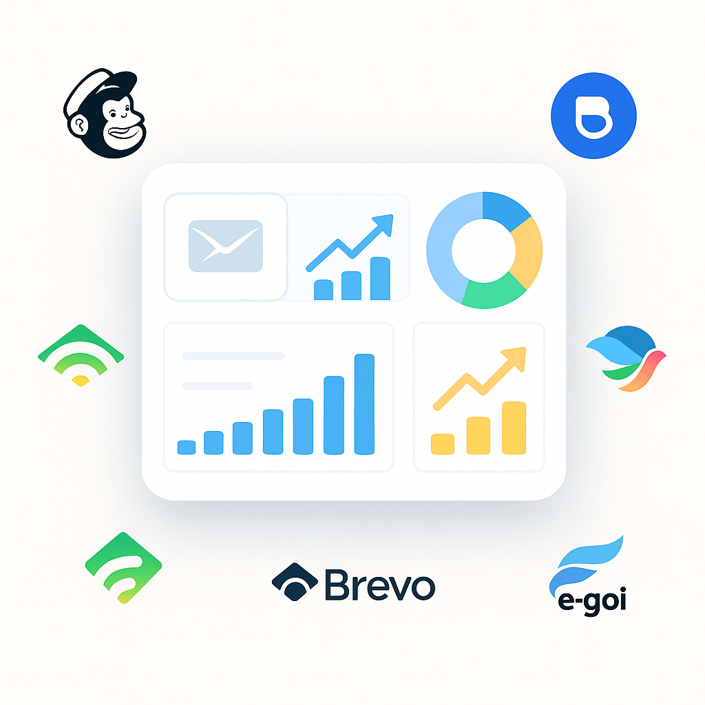 llustration of a modern email marketing dashboard interface with upward-trending charts, bar graphs, pie charts, and icons. Surrounding the interface are recognizable visual elements from platforms like Mailchimp, Brevo, Klaviyo, and E-goi, conveying growth and performance without any text
