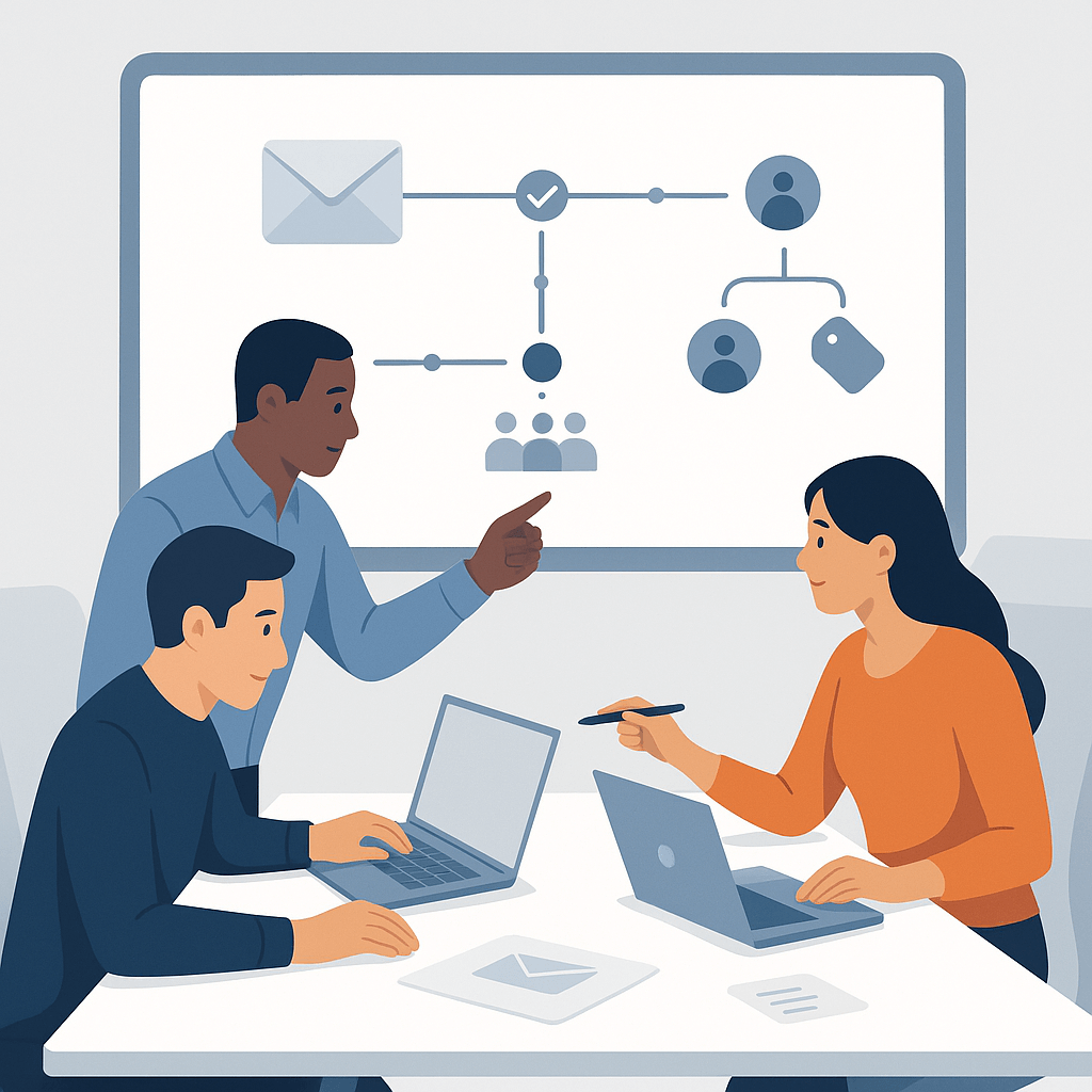 Illustration of a diverse team collaborating in a modern workspace, analyzing email marketing strategy with visible elements like flowcharts, envelope icons, segmentation tags, and timeline markers, representing planning and automation. No text present.